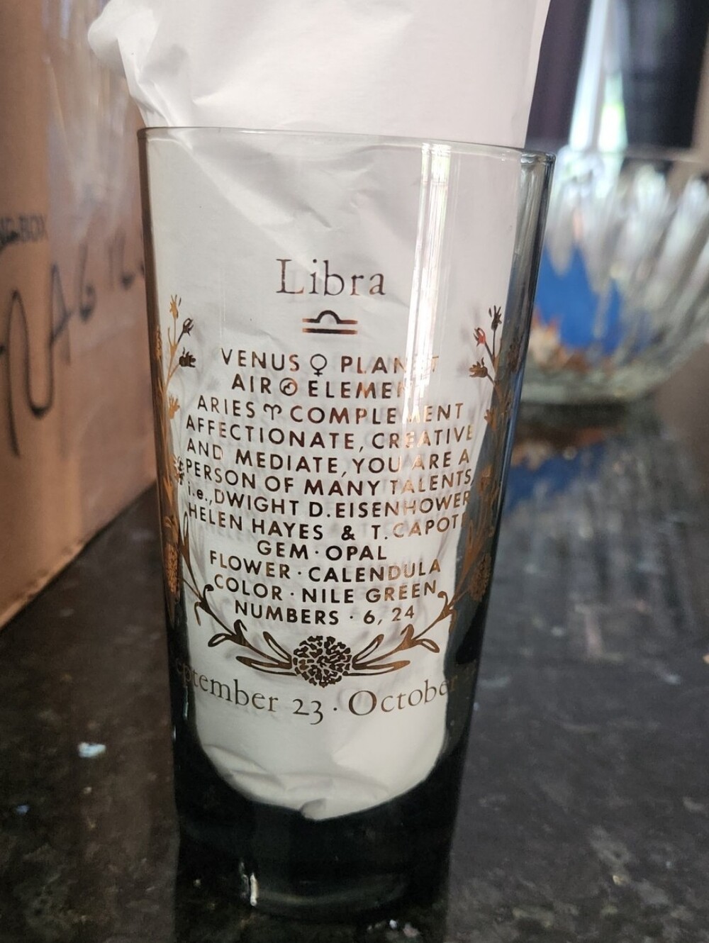 LIBRA  Zodiac Astrology Smoked Black Glass Tumbler Gold Foil MCM Euc